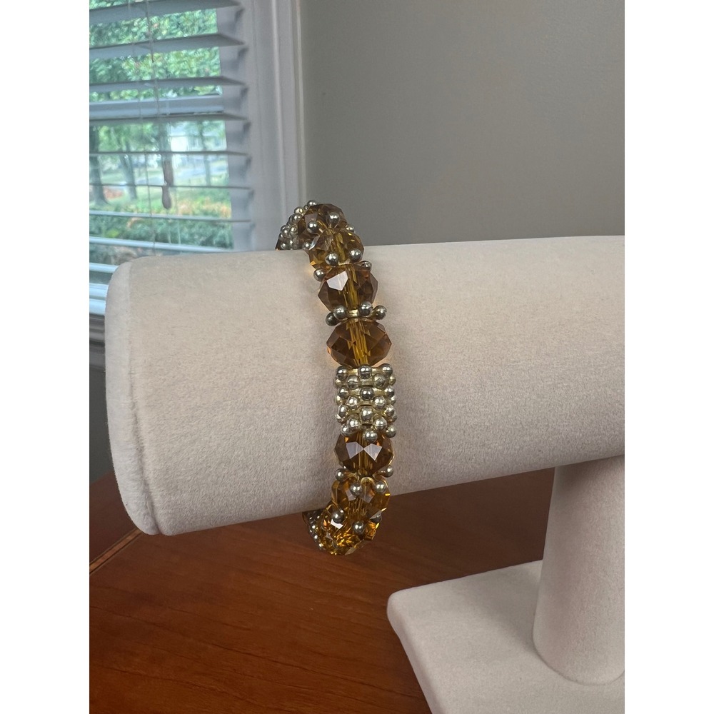 Amber Faceted Glass Bead Stretch Bracelet Silver Tone Spacers Warm Honey Tone